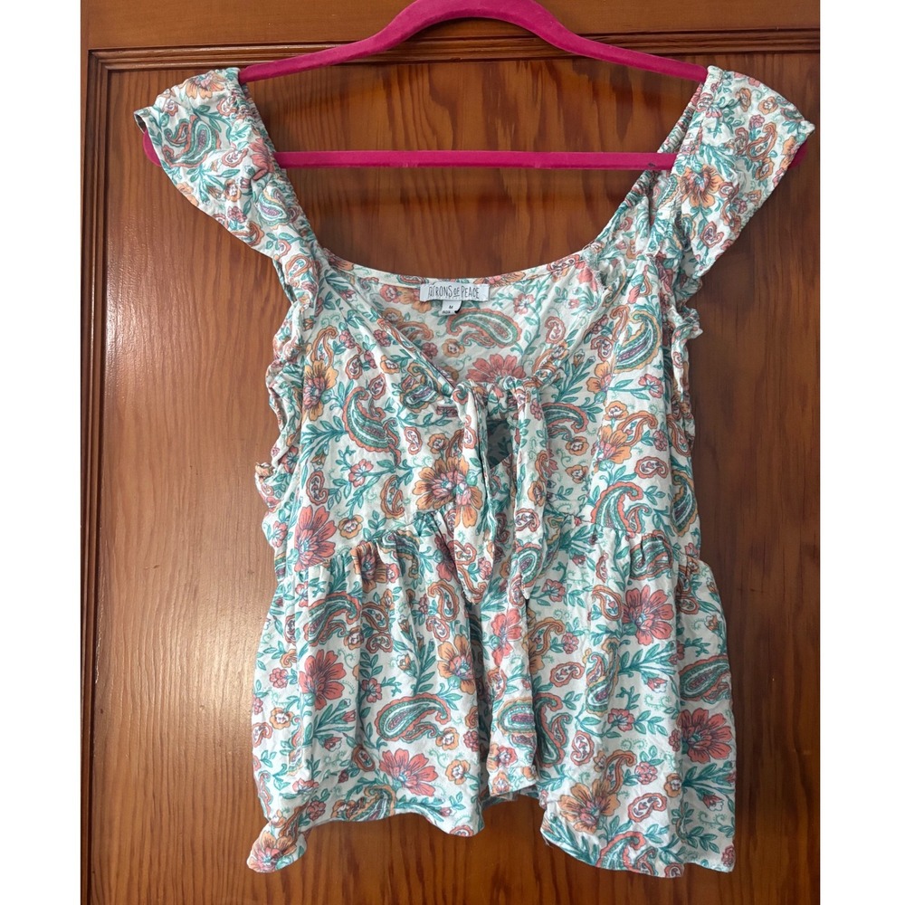 Patrons of Peace Paisley Floral Keyhole Tie Front Ruffle Boho Top